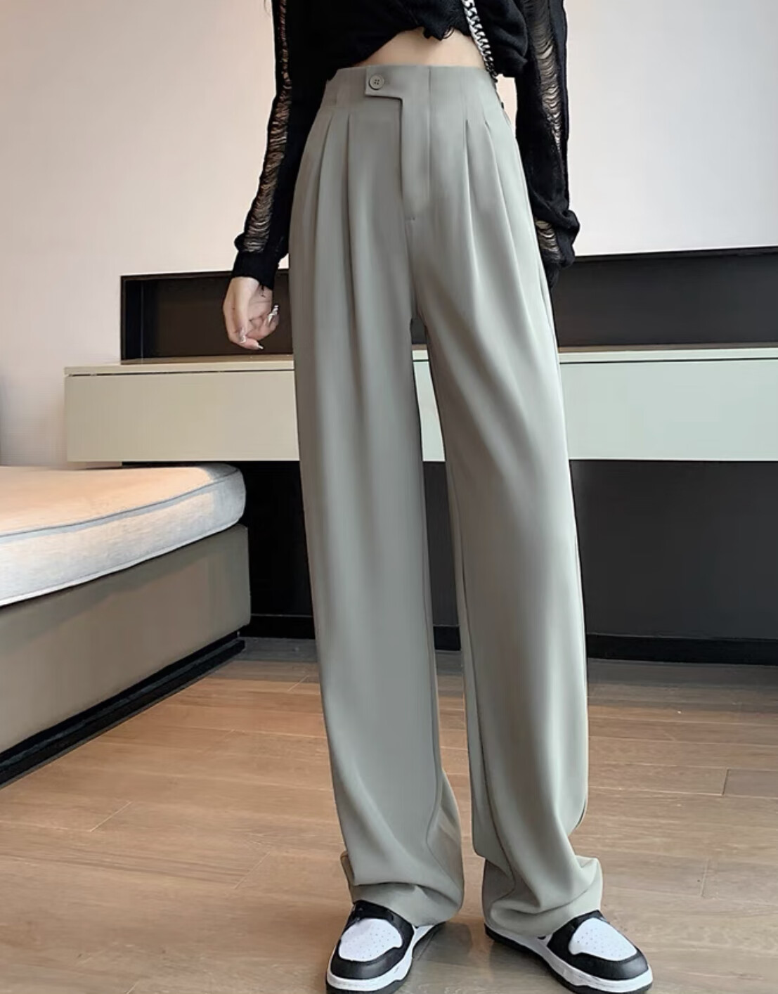 新款西装裤高级感垂坠感高腰小个子裤子宽松直筒窄版阔腿裤女 橄榄绿