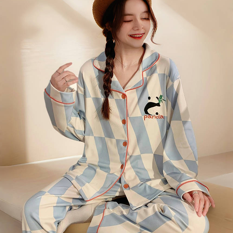 俞兆林睡衣女四季条纹格子刺绣熊猫翻领甜美休闲长袖开衫家居服套装