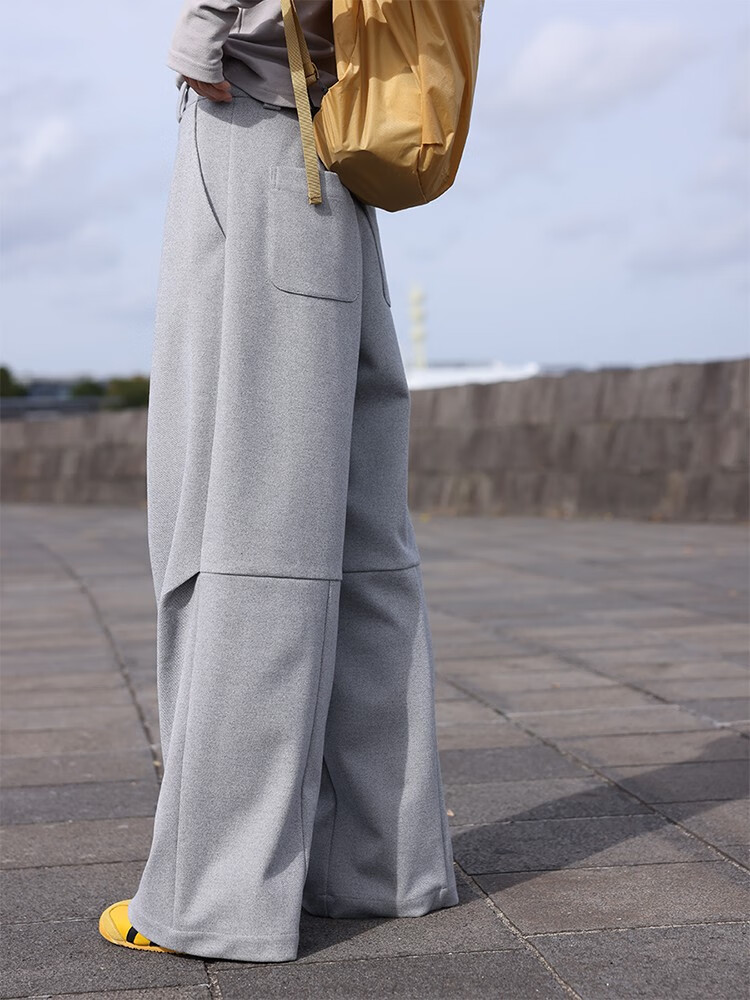鹿与飞鸟极简设计感|磨毛复古保暖针织破缝宽松休闲阔腿裤5645 浅灰 s