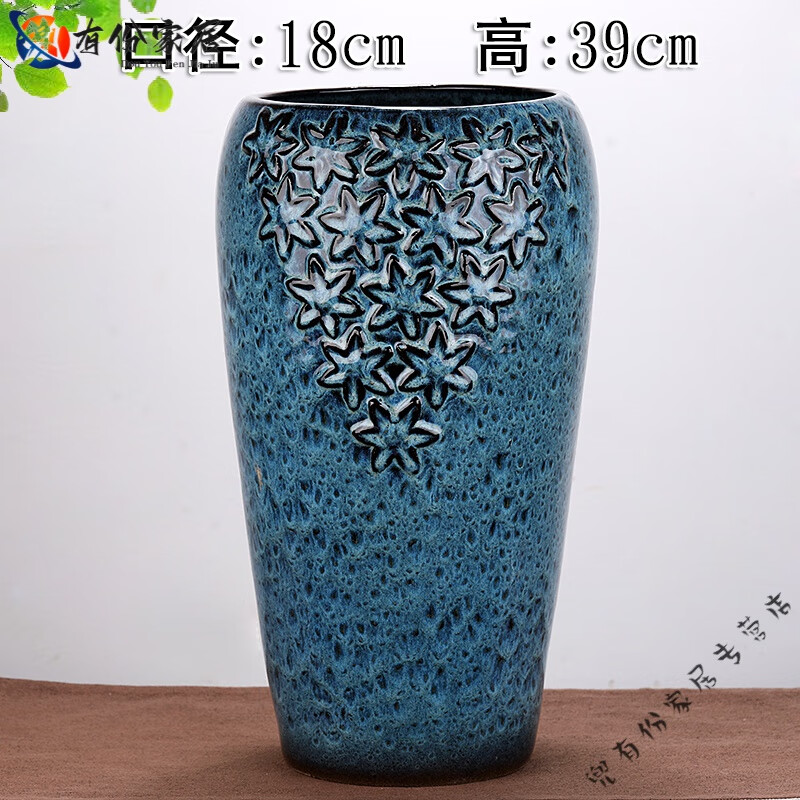 妙普樂高檔景德鎮(zhèn)三角梅專用花瓶陶瓷大號寬口特粗陶多肉花盆老樁法師植 湖藍色 夏.刻花.湖藍大老樁 尺寸如圖示_粗陶