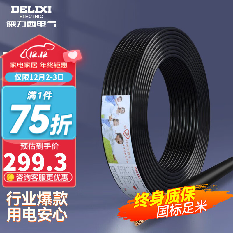 德力西（DELIXI） 电线电缆RVV二芯三芯软护套线2.5平电源线铜芯国标铜线黑色 RVV 2芯*2.5平方（50米）