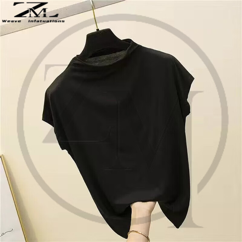 莫代尔短袖中袖上衣春秋打底衫宽松半高领t恤女背心 半高领【黑色】