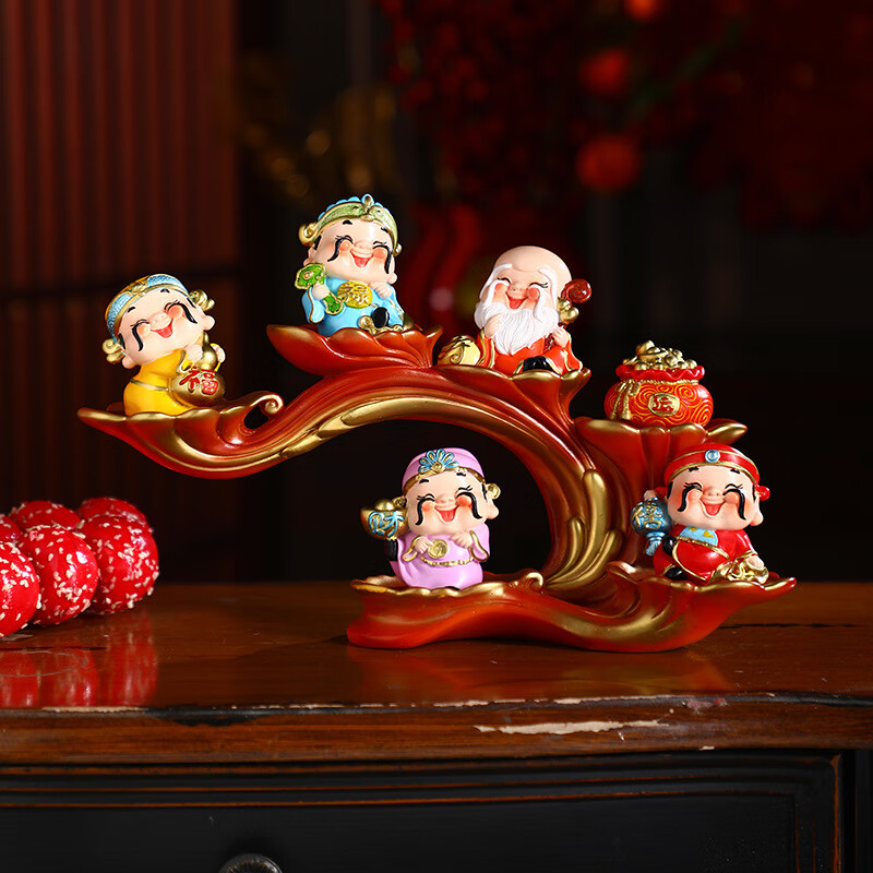 映棠五福财神客厅入门玄关招财猫摆件开业装饰工艺品乔迁之喜搬家礼物 五福财神+如意展架+好运钱袋