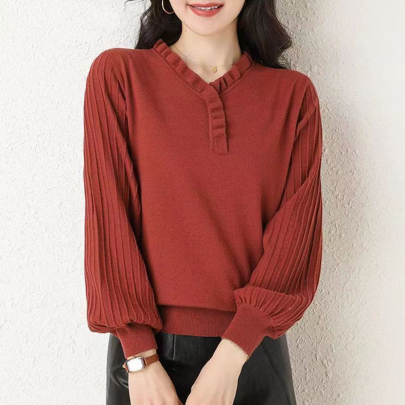 予瑾燈籠袖V領(lǐng)毛衣女裝秋冬2024新款洋氣短款長袖上衣寬松針織打底衫 TT1156#珊瑚紅 M 建議90-108斤