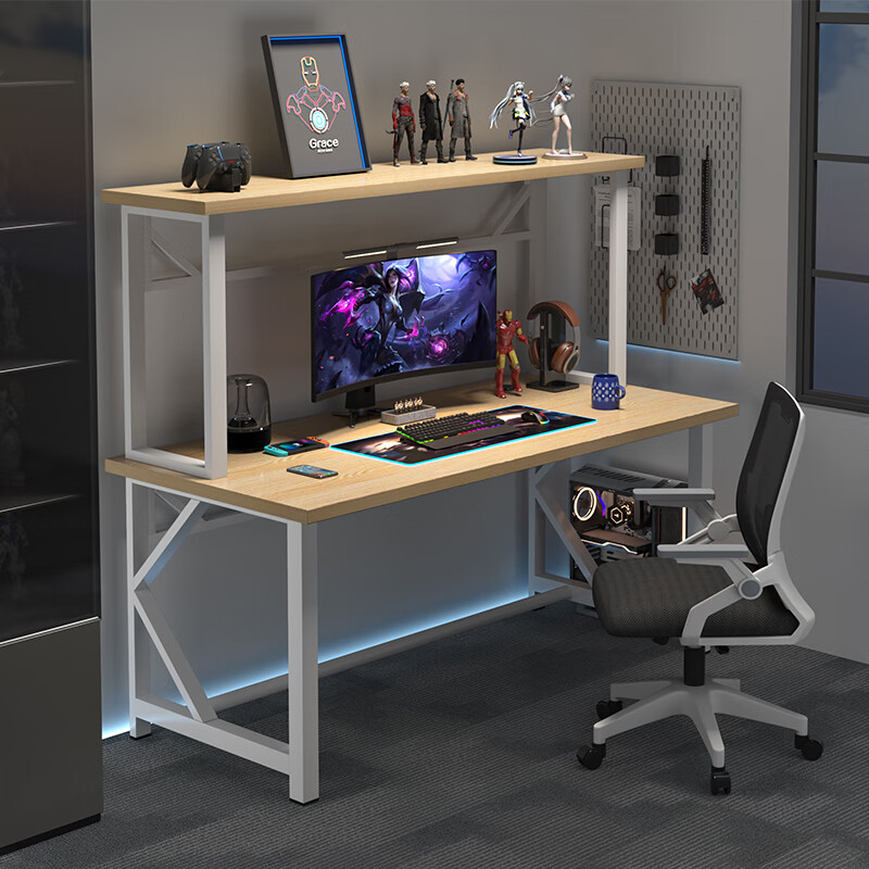 木匠印记电脑桌书桌子书架一体式上置机架加厚加固网咖同款电竞游戏电脑桌 荐:【2.5cm桌面】白杉木色120cm