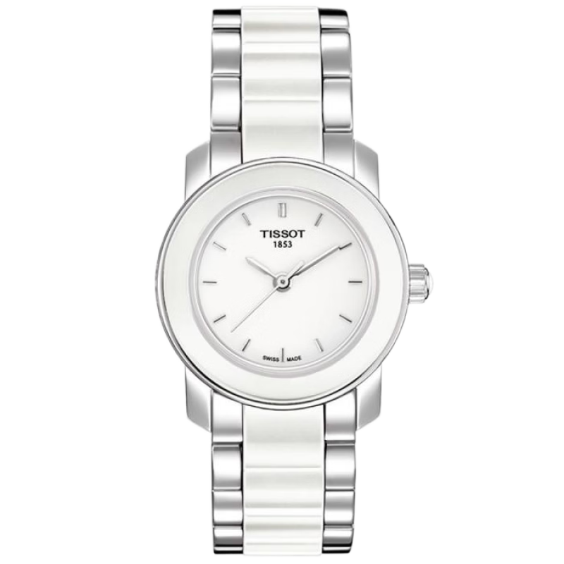 天梭（TISSOT）女士石英機(jī)芯手表不銹鋼和白色陶瓷手鏈?zhǔn)直?8mm防水30m611877七夕禮物 No Color os
