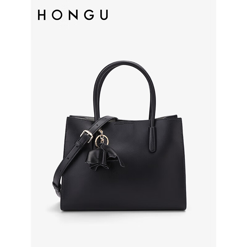 红谷(hongu)女包通勤牛皮单肩手提包时尚大容量手拎托特包 漆黑