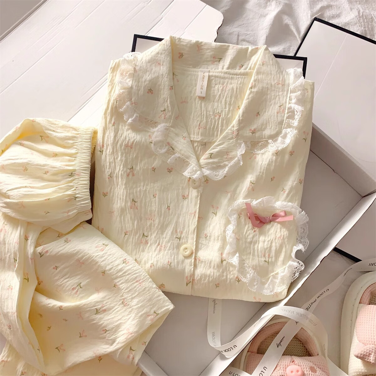 莫代爾睡衣女春夏長袖日系碎花甜美顯瘦套裝少女風(fēng)休閑25新品家居服杏L