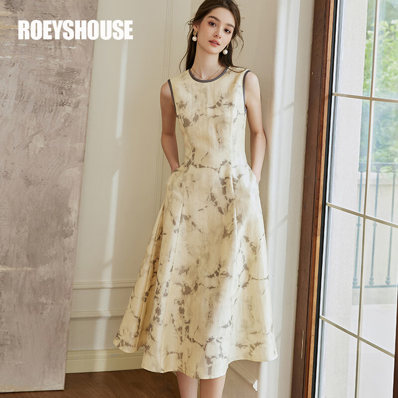 ROEYSHOUSE羅衣新中式中國(guó)風(fēng)水墨無(wú)袖連衣裙春裝新款時(shí)尚大擺裙10021 杏色 M
