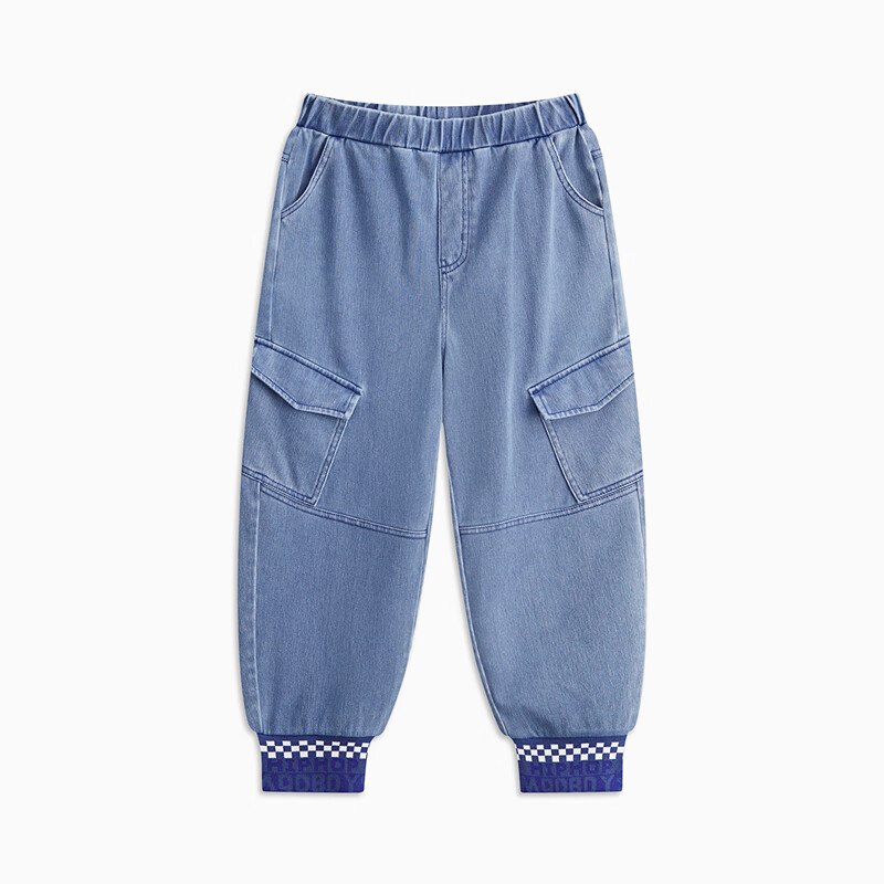 MQD童装男大童超软学院风针织牛仔裤春大口袋束脚长裤 浅牛仔蓝 130