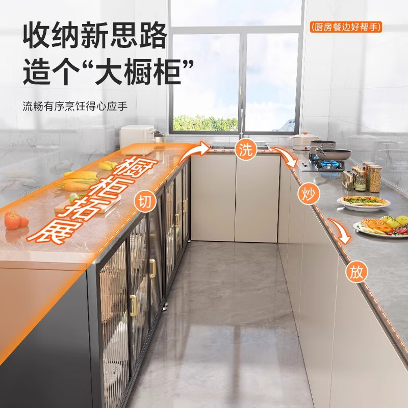 ZSVIP厨房置物架岩板落地多层功能靠墙一体收纳柜餐边工作台储物橱柜子 三层100白-双开门