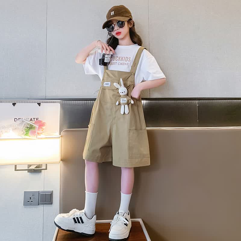 金宠夏天阔腿背带裤女童10岁夏装背带裤套装2024新款中大童洋气时髦