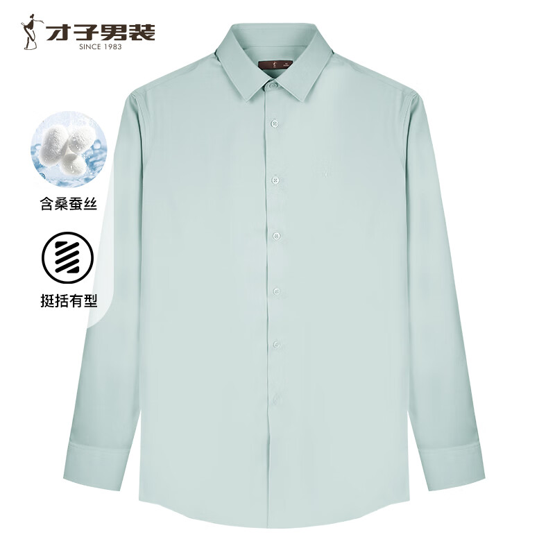才子（TRIES）男士长袖衬衫纯色凉爽丝滑莫代尔桑蚕柔软面料商务衬衣白衬杉上装 绿色 L 39(170/88A)