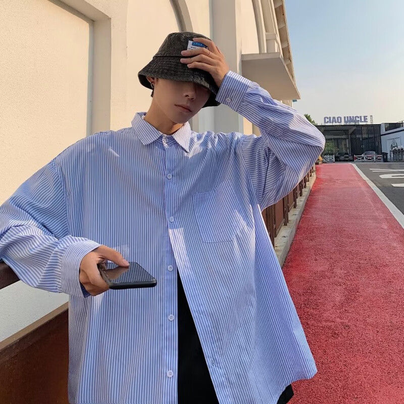 条纹衬衫男长袖韩版潮流帅气ins港风宽松潮牌百搭休闲衬衣外套男 蓝色