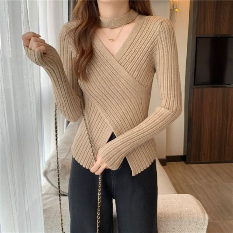 鹿藤低领毛衣冬款 女交叉v领毛衣针织打底衫女内搭小众设计感修身不规