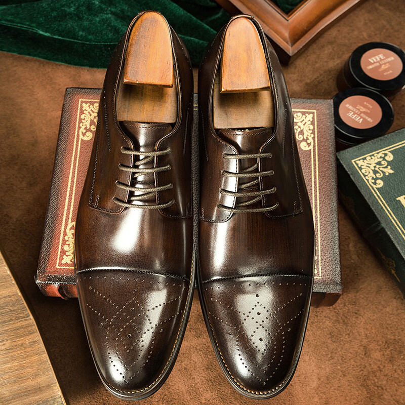 塔驰密司(touch miss)皮鞋男商务正装英伦风尖头德比结婚新郎鞋布洛克