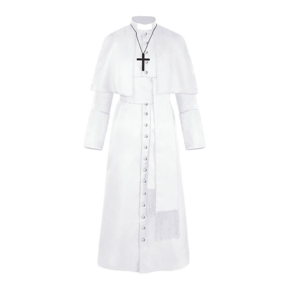 服装长袍中世纪复古牧师演出服万圣节成人神父披肩长袍纯色修 白色 s