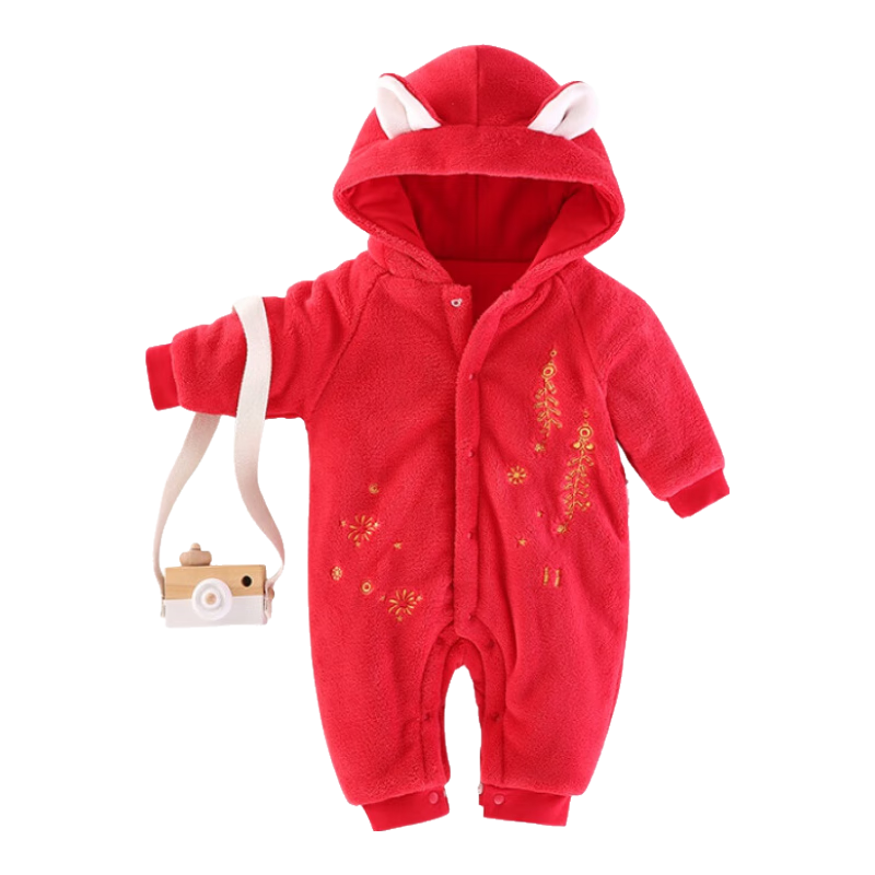 Aengbay昂貝 新年寶寶服超萌嬰兒過(guò)年裝滿(mǎn)月服冬裝連體衣加厚拜年棉衣 大紅色 59cm