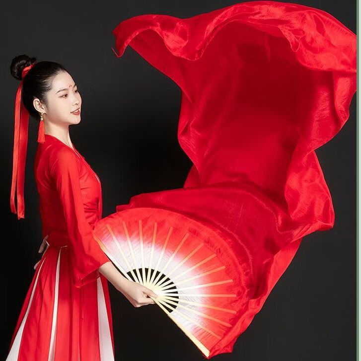 oqb跳舞扇子加长飘头舞蹈万疆扇渐变扇广场舞古典舞大红长绸扇舞台演