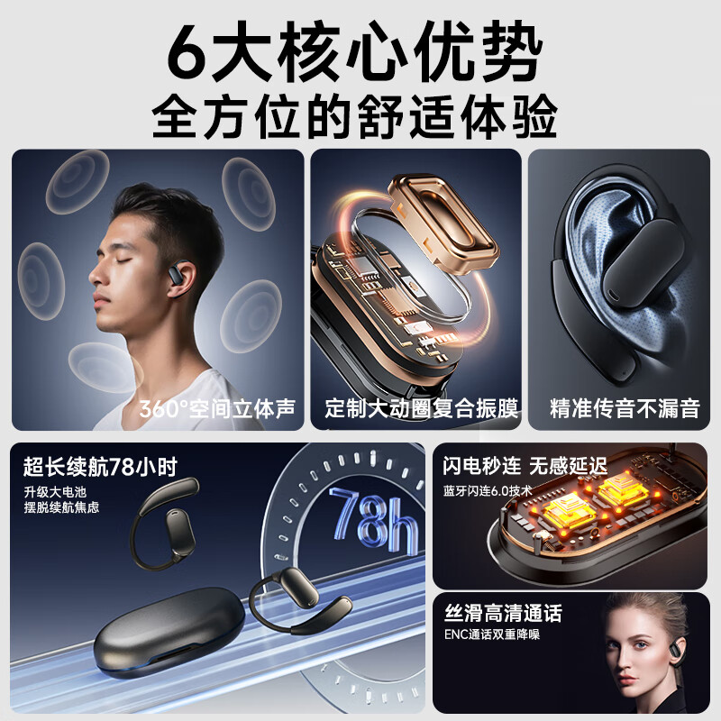 京工智造【顶配新款丨柏林之声】挂耳式蓝牙耳机骨传导概念超长续航真无线通话降噪不入耳开放运动跑步耳夹 炫酷黑【超长续航至尊版】 超舒适佩戴丨360°沉浸杜比环绕