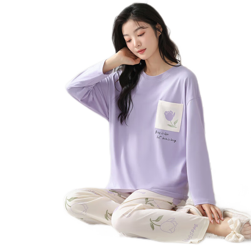 秋鹿（Autumndeer）女士睡衣女春季精梳棉清新印花家居服寬松透氣長(zhǎng)袖睡衣兩件套