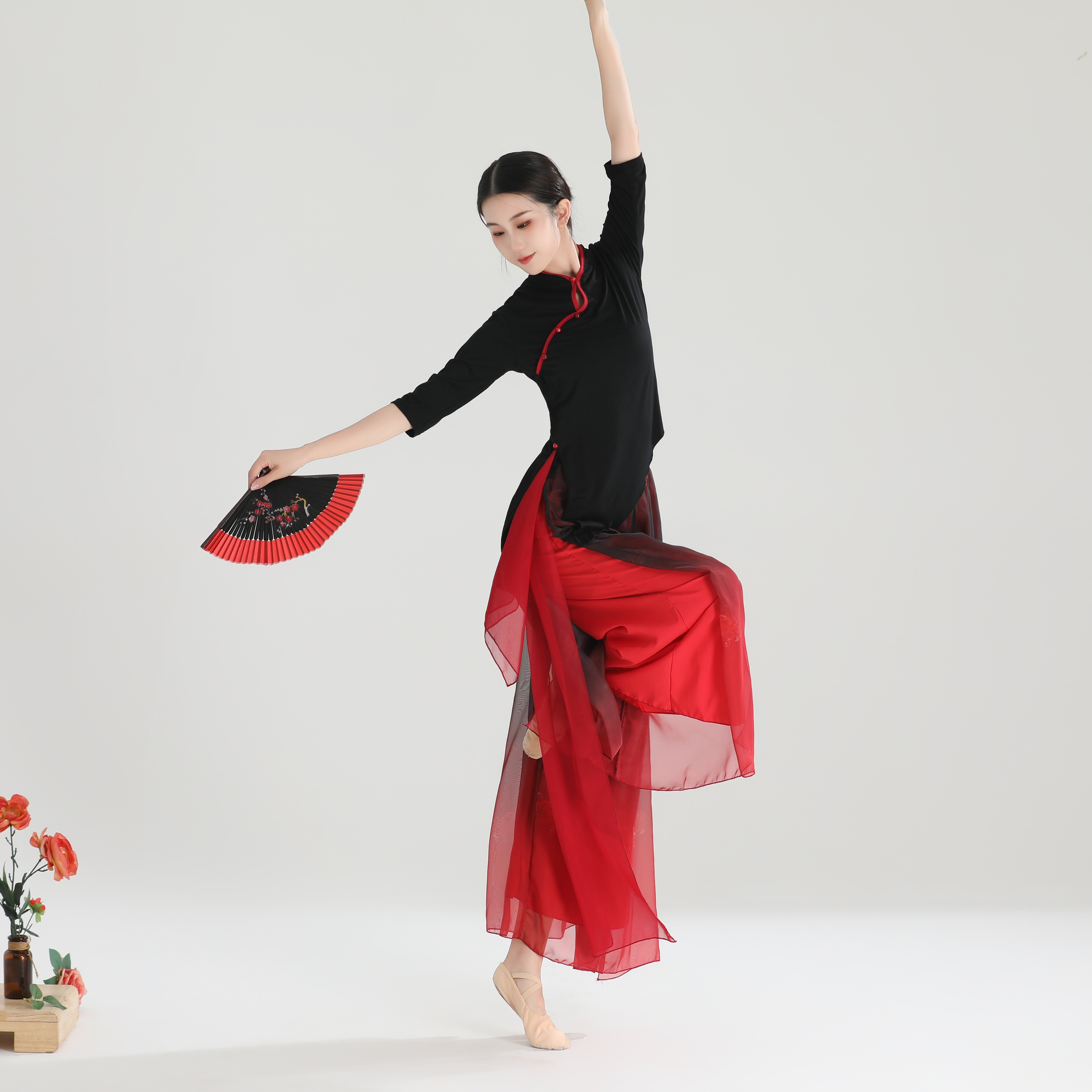 舞蹈服形体瑜伽伞舞扇子舞民族舞蹈服女 玉珠款黑上衣裤子莫代尔棉中