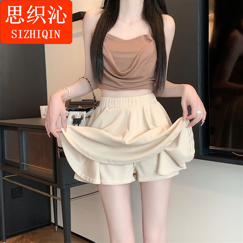 思织沁女士短裙辣妹冰丝高腰A字短裙子显瘦伞半裙裤裙黑色百褶裙半身裙 黑色(内衬打底裤) L (80-120斤)