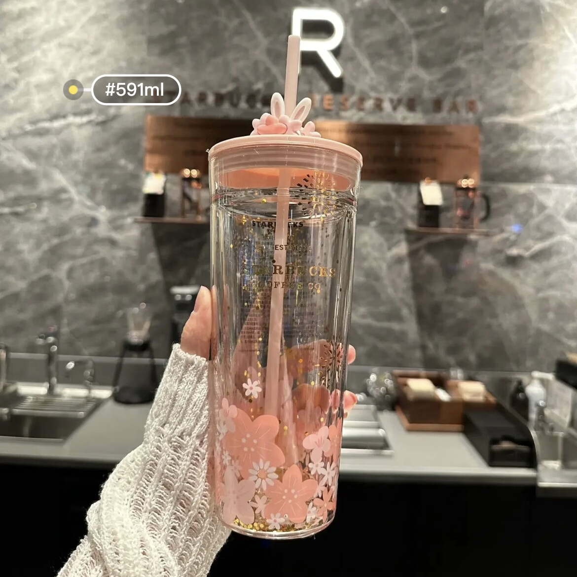 星巴克韓國(guó)高顏值591ml大容量雙層玻璃冷飲水杯子原木蓋櫻花吸管杯 萌兔花吸管杯(雙層玻璃)