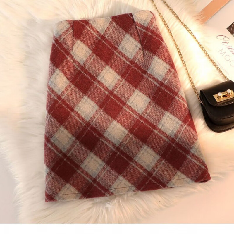 呢格子半身裙女秋冬新款小个子百搭高腰显瘦包臀a字短裙子 301红色