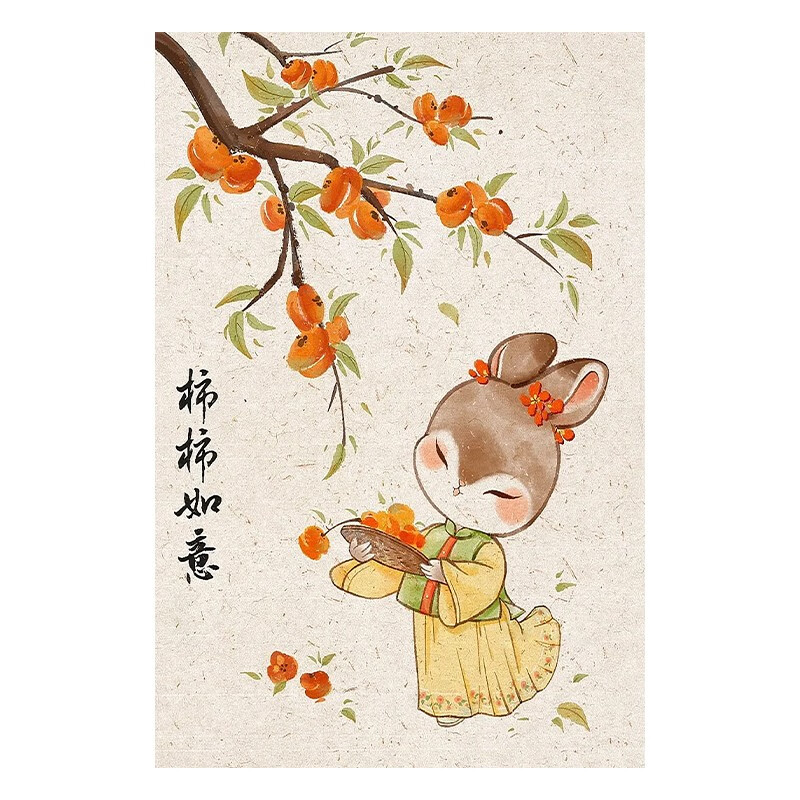 艺幻新中式事事如意柿子肌理画玄关卡通小兔子纯手绘油画客厅装饰挂画