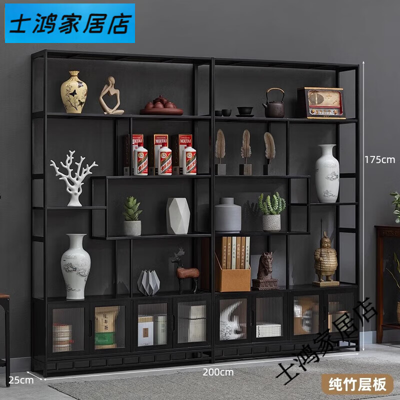 淘之良品手辦展示柜博古架中式茶柜陳列柜子茶葉置物貨架模型樂高玩具煙柜 [組合]長虹四門-100長(純竹層板)