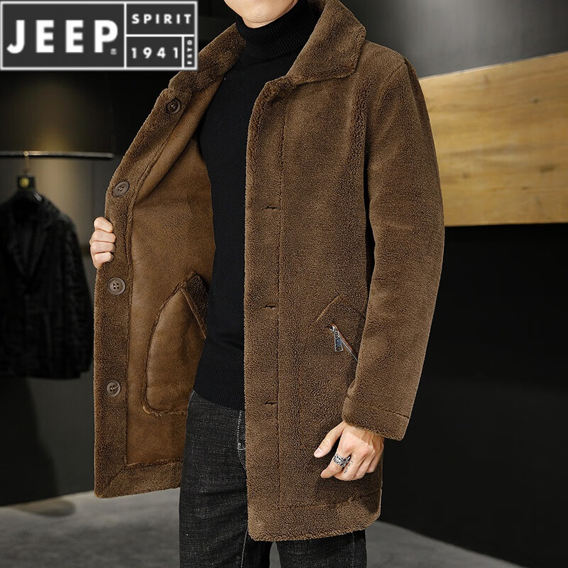 吉普（JEEP）双面穿鹿皮绒外套男士冬季颗粒绒中长款大衣青年帅气加绒加厚风衣 T03驼色双面穿加 绒加 厚 L 110-125斤