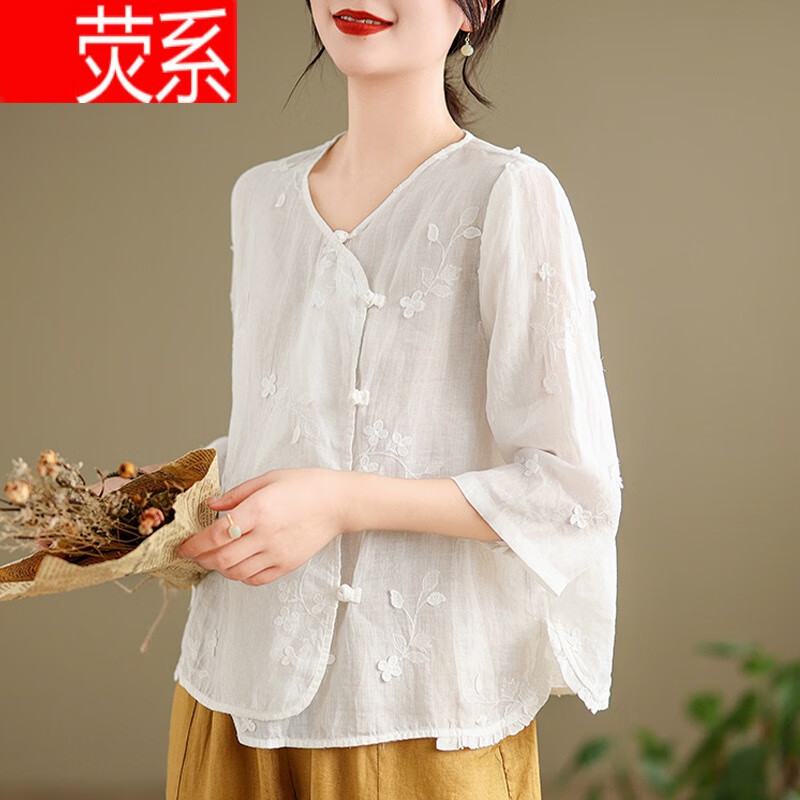 荧系苎麻半袖衬衫女夏季薄款中式国风七分袖棉麻亚麻上衣新款小衫大号