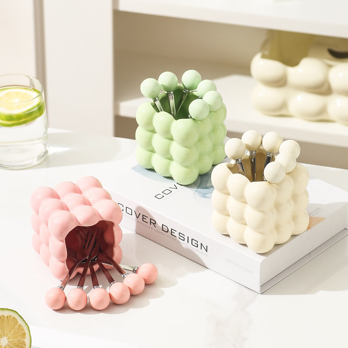 叮旦可爱水果叉收纳罐套装家用小叉子304不锈钢儿童水果签创意果插 奶