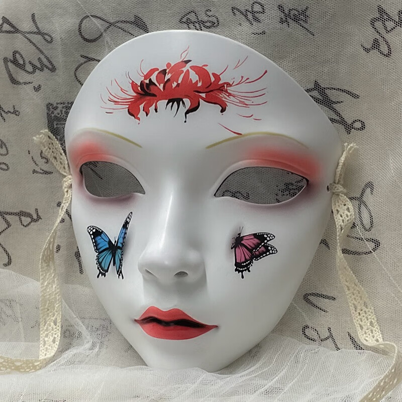 红美女脸舞会面具女生汉服风手绘古装面罩 彼岸花-万物有灵(蕾丝带款)