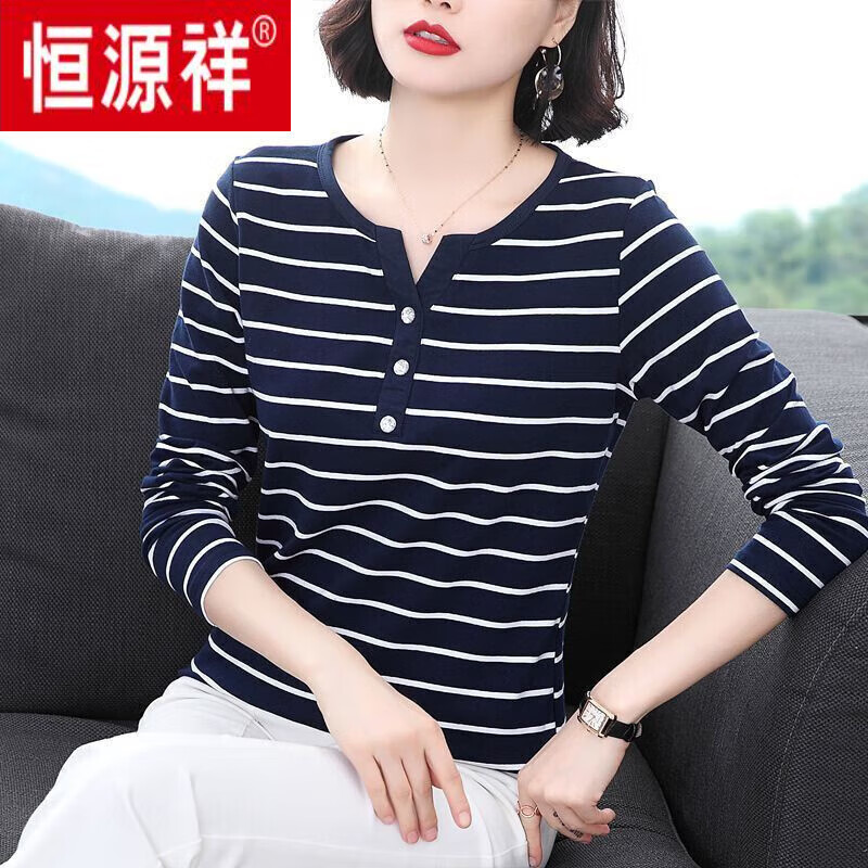 恒源祥  高端品牌t恤女打底衫女2022春秋季新款体恤女士v领纽扣t恤大