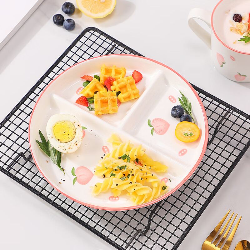 泰鑫兴8英寸20.3厘米陶瓷餐具卡通三格分餐盘早餐盘三格盘水蜜桃一只装
