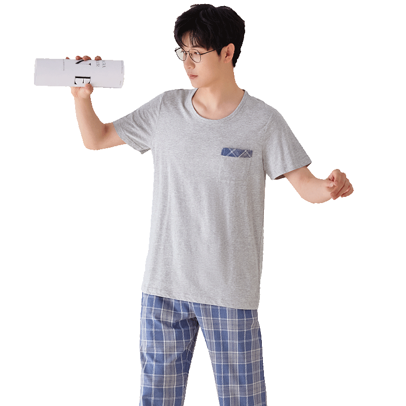 韓彩睡衣男短袖長褲純棉夏季父親節(jié)禮物送爸爸男士家居服套裝 