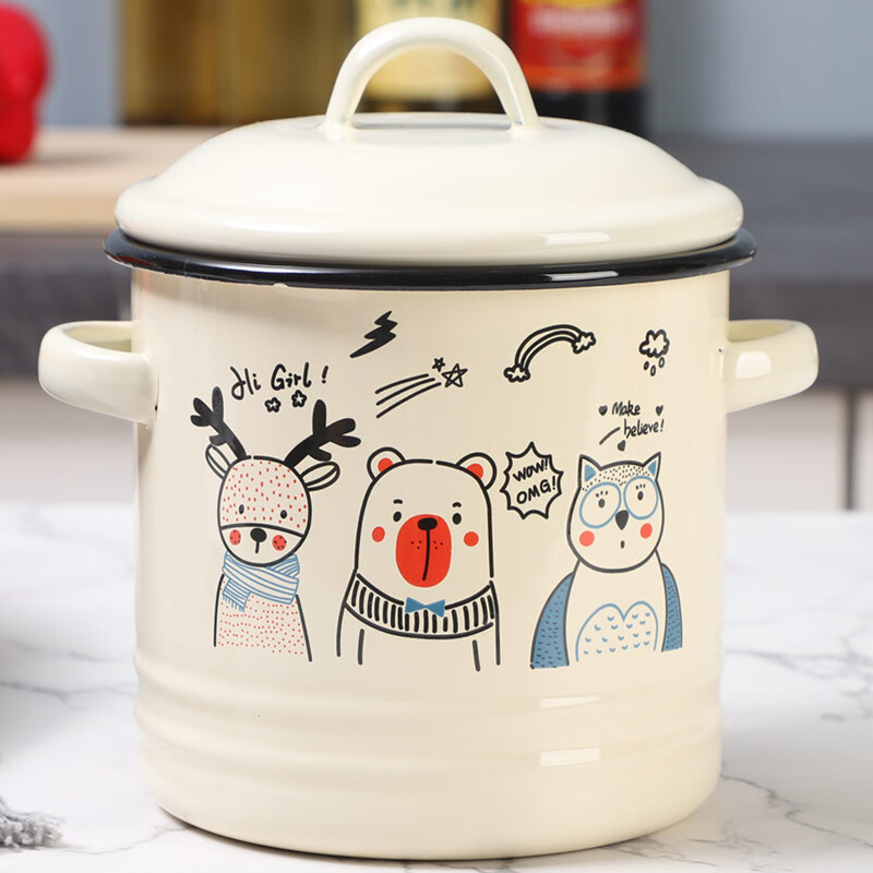 丽家珐琅搪瓷猪油罐高桶搪瓷储物罐油辣椒装油 12cm1200ml内白外卡通