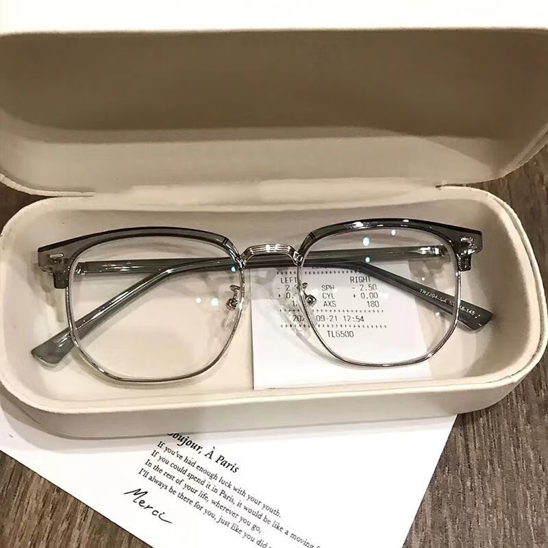 通勤不挑肤色复古超轻眉线半框可配度数潮近视眼镜框女平光 透灰银框