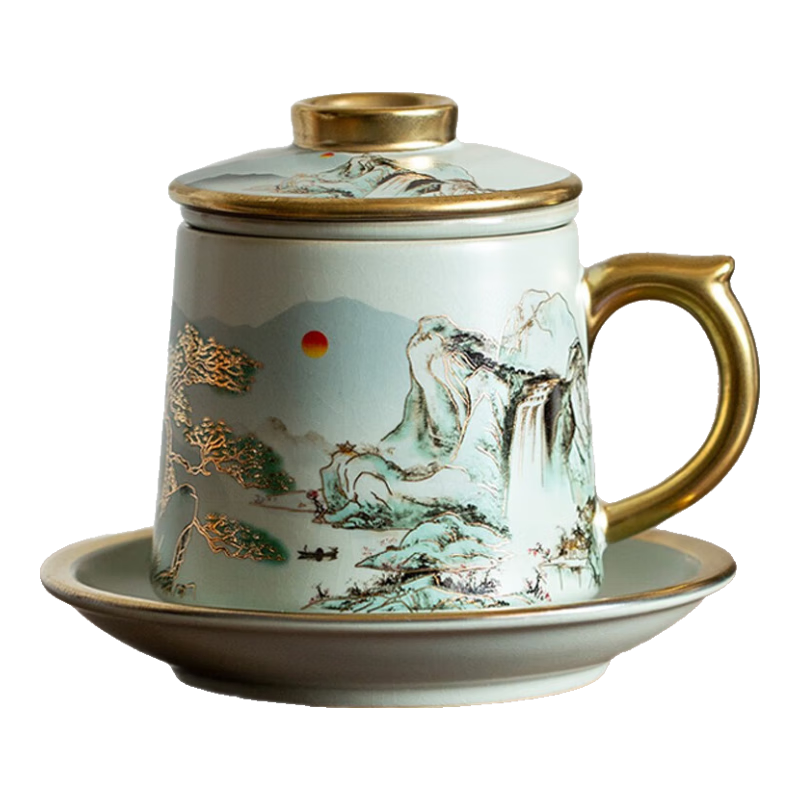 汝道（RUDAO）汝窯辦公杯陶瓷帶過(guò)濾茶杯描金汝瓷可養(yǎng)開(kāi)片辦公室茶水分離泡茶杯 描金流水生財(cái)龍雀杯【四件套】
