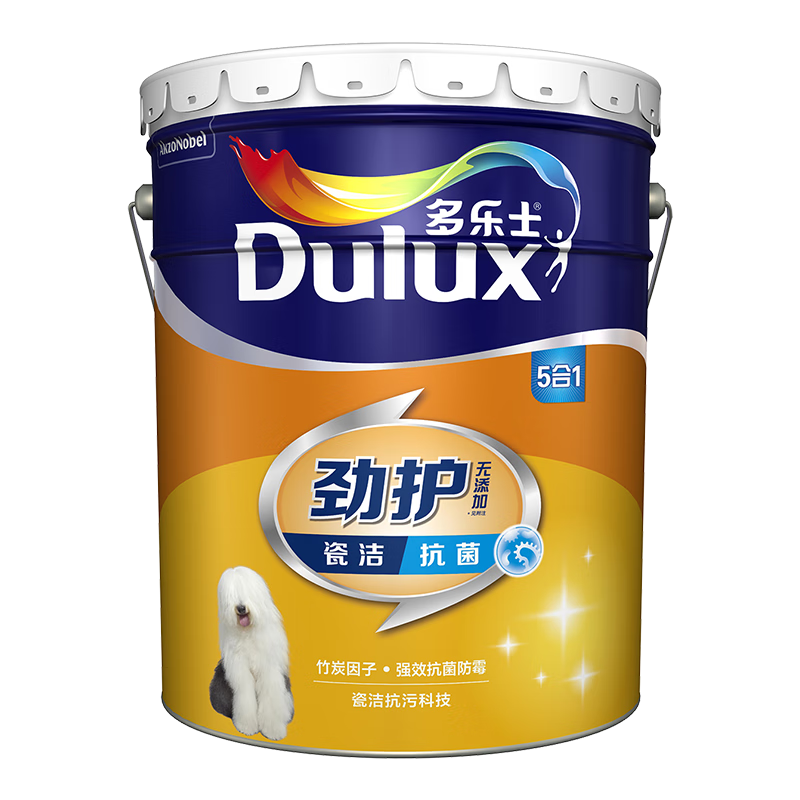多乐士（Dulux） 劲护无添加竹炭瓷洁抗菌五合一内墙乳胶漆防霉白色墙面漆 A8145 18L 大桶不可调色【优等品】