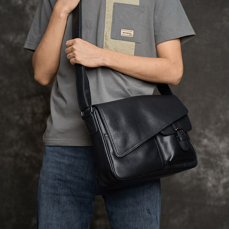 Colrtn Kwecr男士单肩包时尚休闲斜挎包大容量商务文件包真牛皮邮差包奢侈品 CK黑色33*24*7.5（14英寸）