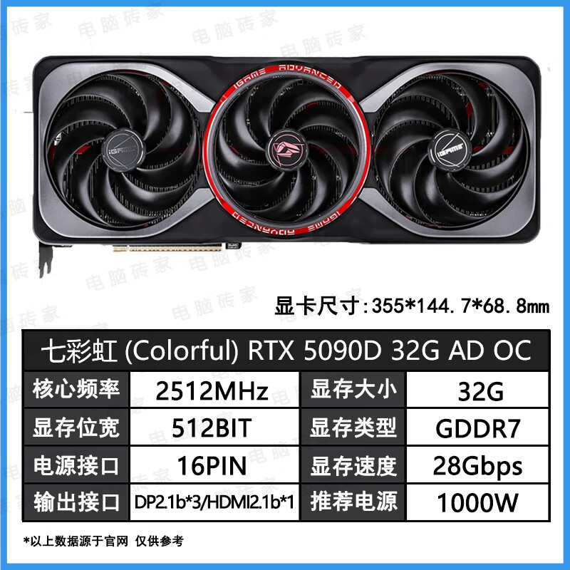 七彩虹(Colorful)新品上市 RTX5090D 32G 七彩虹 映众 技嘉 5090D AI 游戏 显卡 七彩虹RTX5090D 32G AD OC 32GB