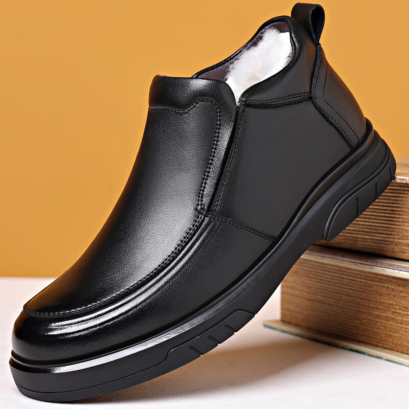 迪伯斯凯（DEERSHIKAI）牛皮高帮棉鞋男冬季加绒加厚底羊毛保暖防滑中老年爸爸棉皮鞋 黑色 38