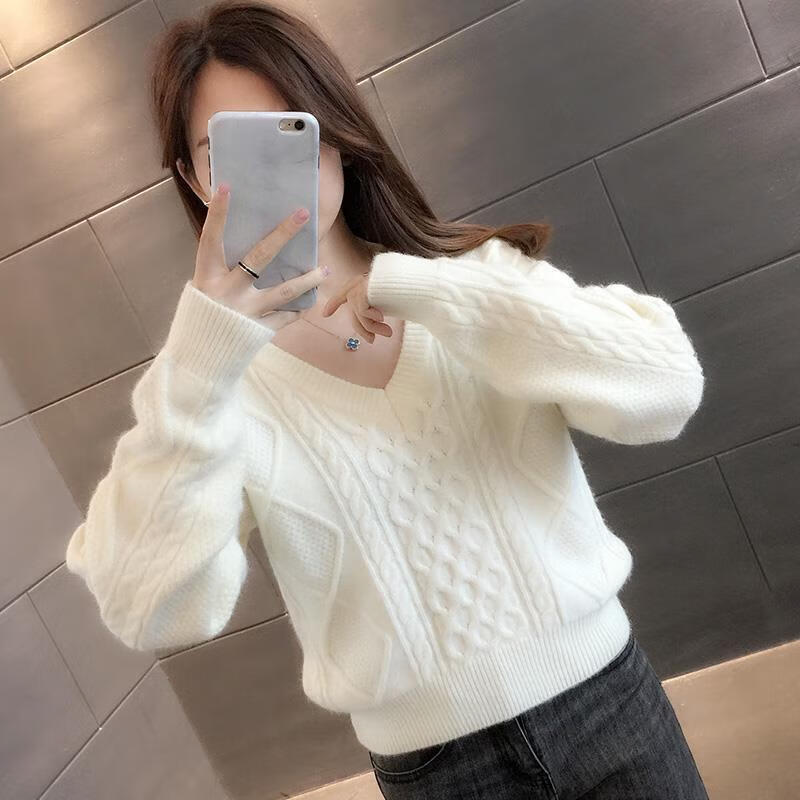 女人性感低领打底针织衫低领短款v领毛衣女2023年新款春 白色 s8090