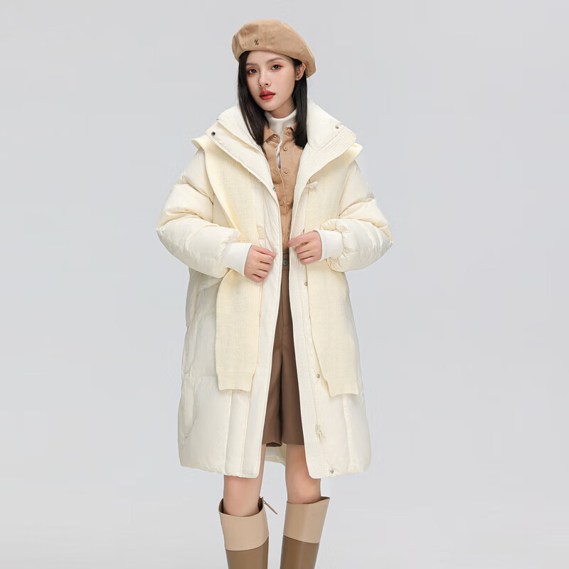 雪中飞秋冬可拆卸针织连帽显瘦保暖【反季清仓】女士长款鸭绒羽绒服女 米白 S 160/84A