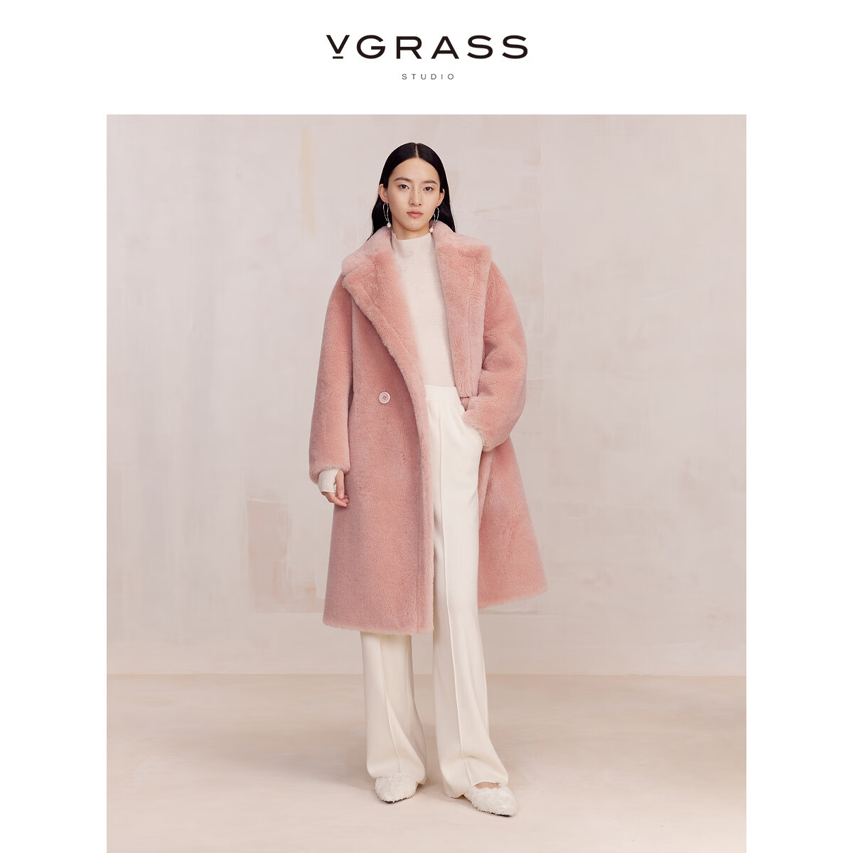 VGRASS[100绵羊毛]嫩粉色泰迪绒呢子大衣23年冬季新款韩系减龄 蔷薇粉色 S