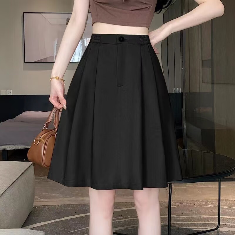 雷黛茜韩版高腰西装半身裙女春秋新款胖MM遮跨百褶裙小个子清新简约A字 黑色 裙长50CM XL