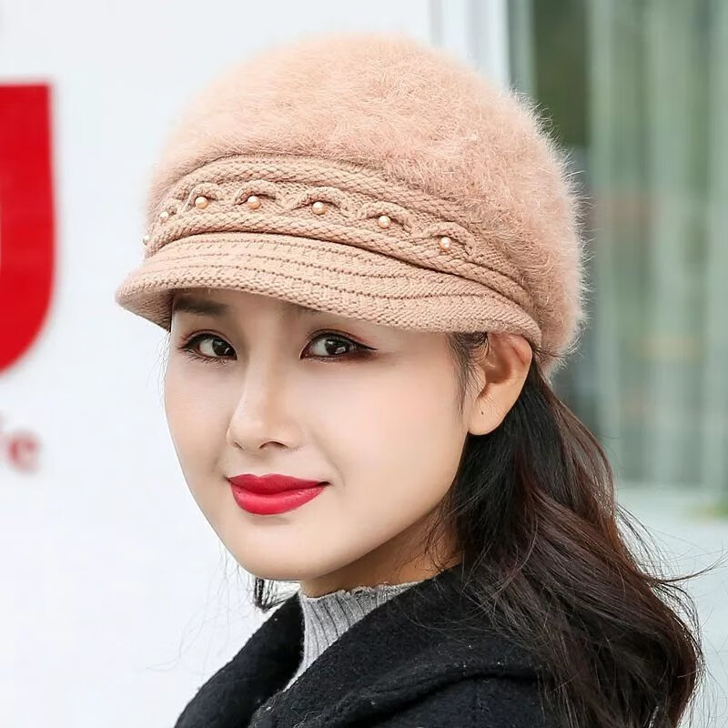 欧曼玫【现发】帽子女冬天加绒保暖护耳鸭舌针织帽贝雷帽兔毛帽加厚毛线 豆沙色